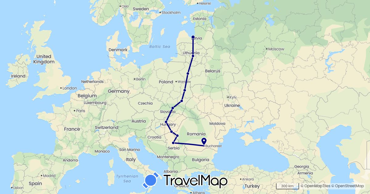TravelMap itinerary: driving in Hungary, Lithuania, Latvia, Poland, Romania, Serbia, Slovakia (Europe)